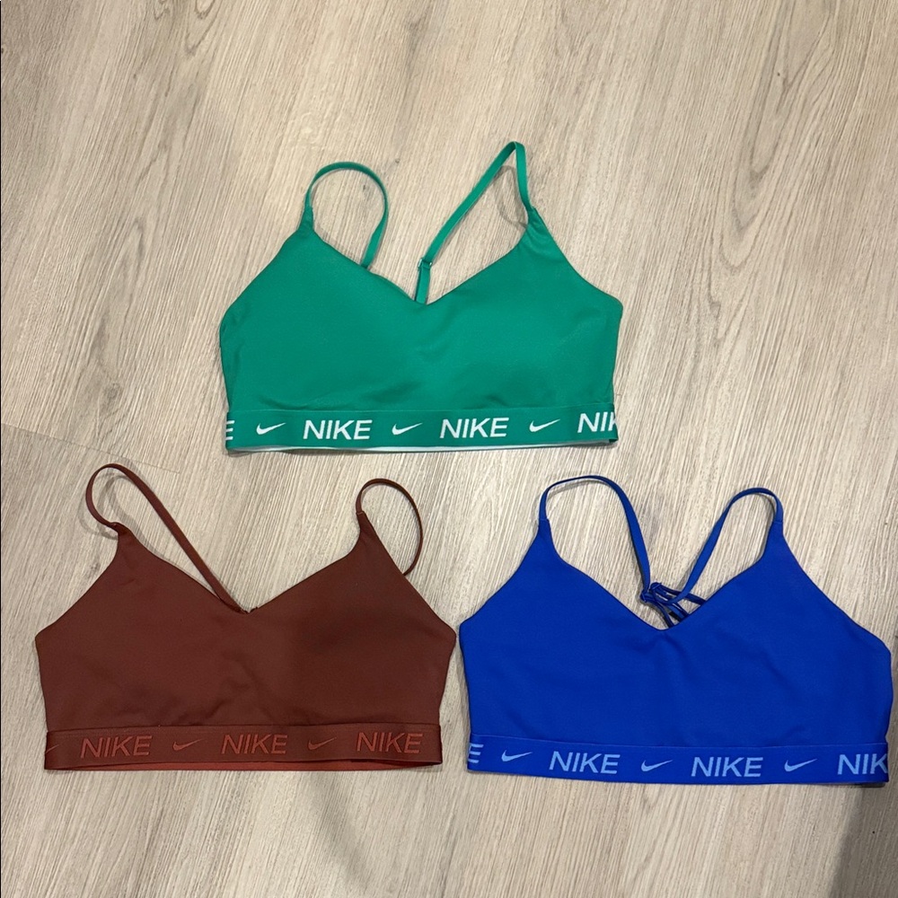 Nike Bralette Trio in Green, Rust, Royal Blue